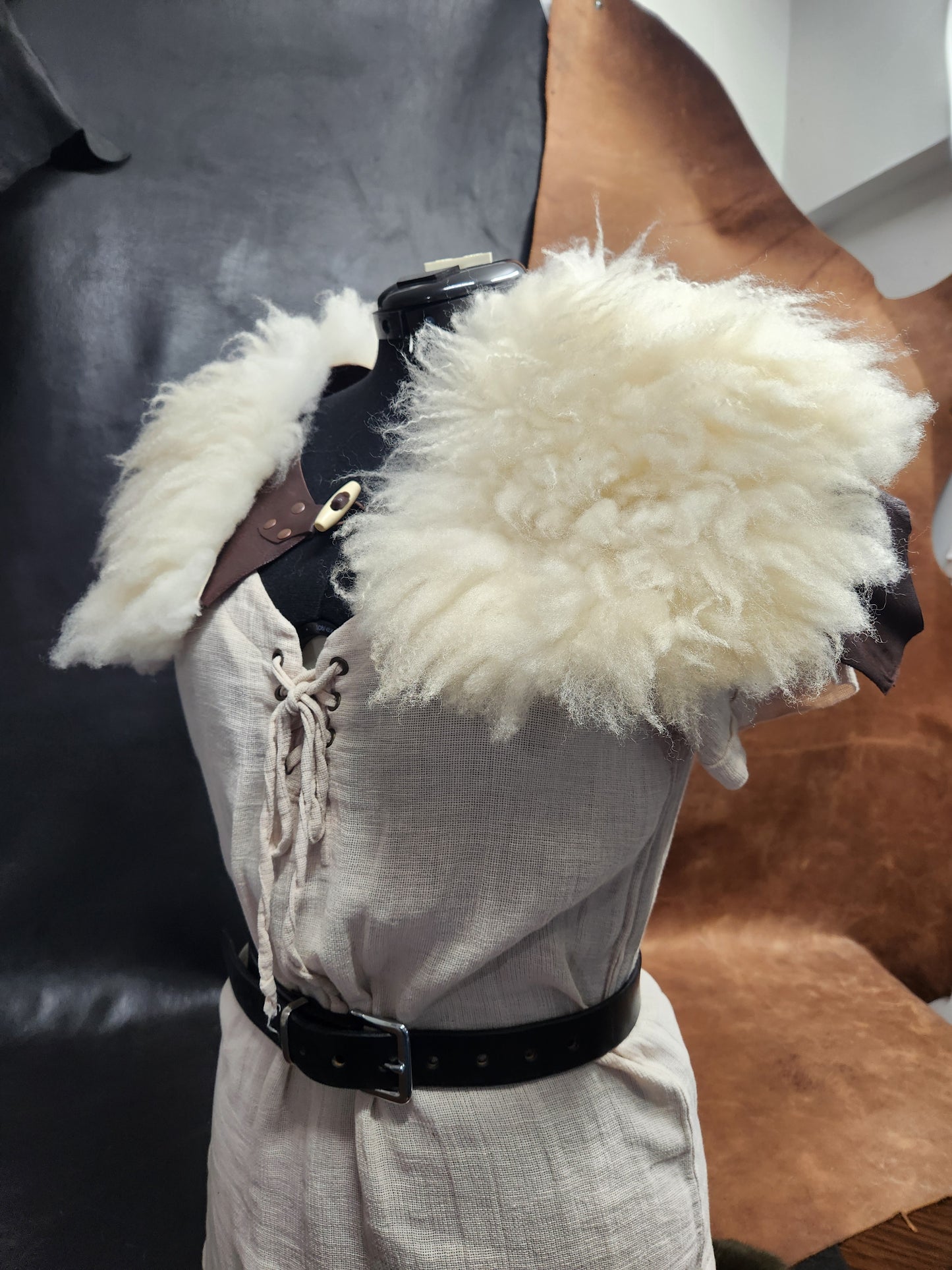 White Sheepskin and Brown Deer Leather Mantle