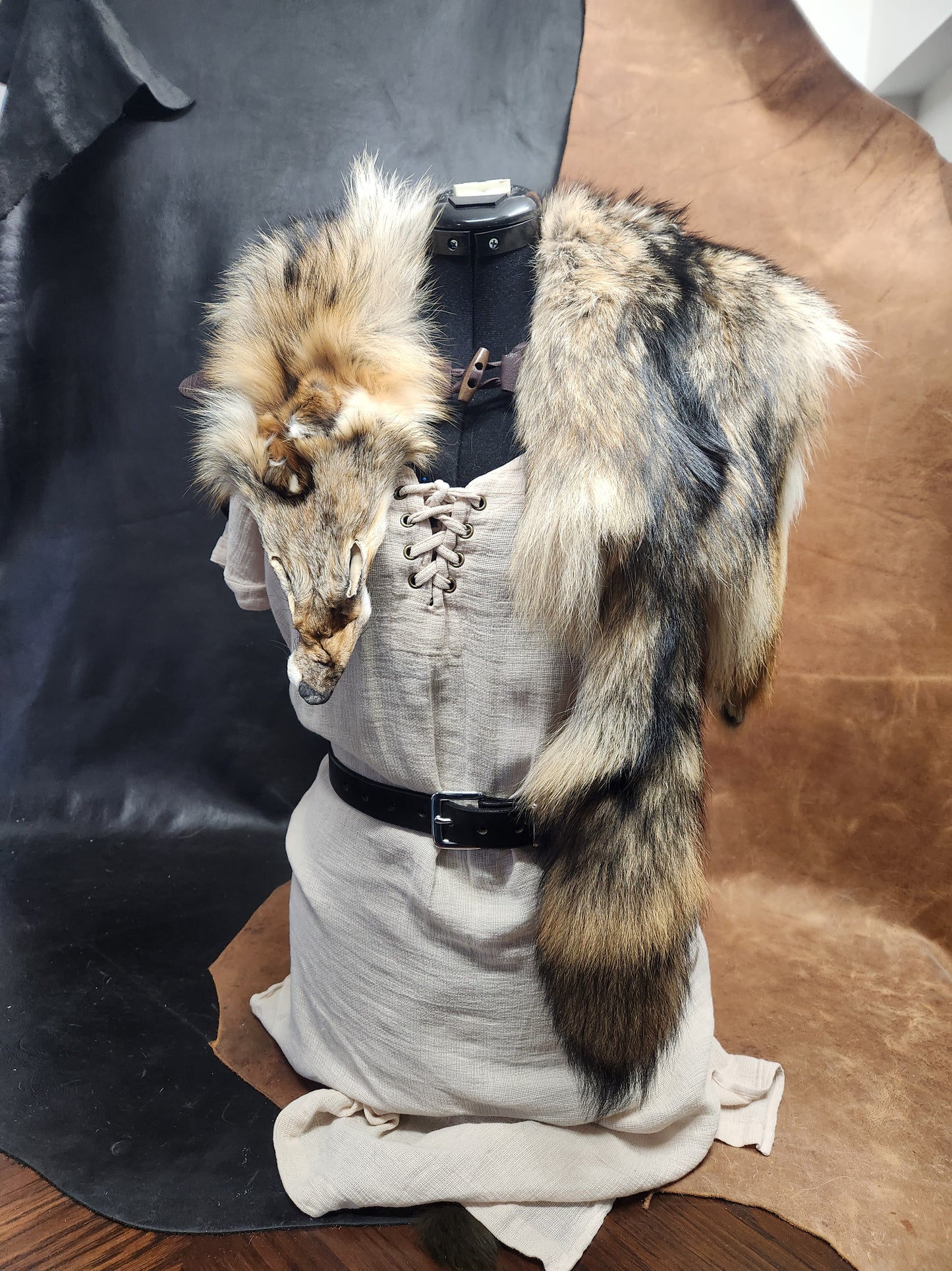 Coyote Pelt Fur Mantle with Dark Brown Deerskin