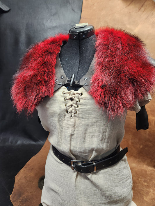 Red Dyed Raccoon Fur Mantle with Black Deerskin