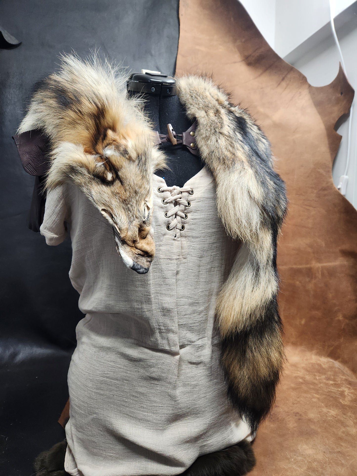 Coyote Pelt Fur Mantle with Dark Brown Deerskin