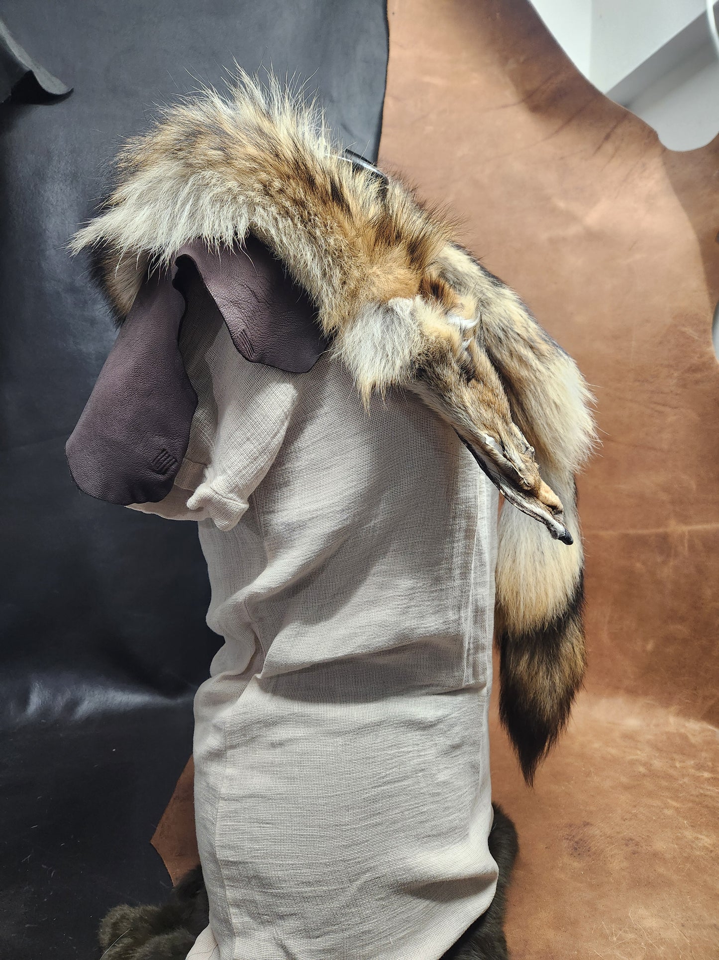 Coyote Pelt Fur Mantle with Dark Brown Deerskin