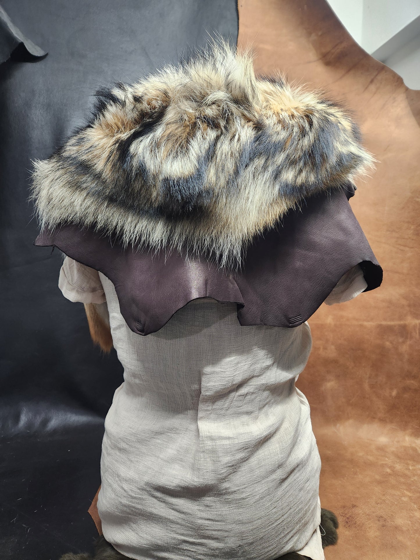 Coyote Pelt Fur Mantle with Dark Brown Deerskin