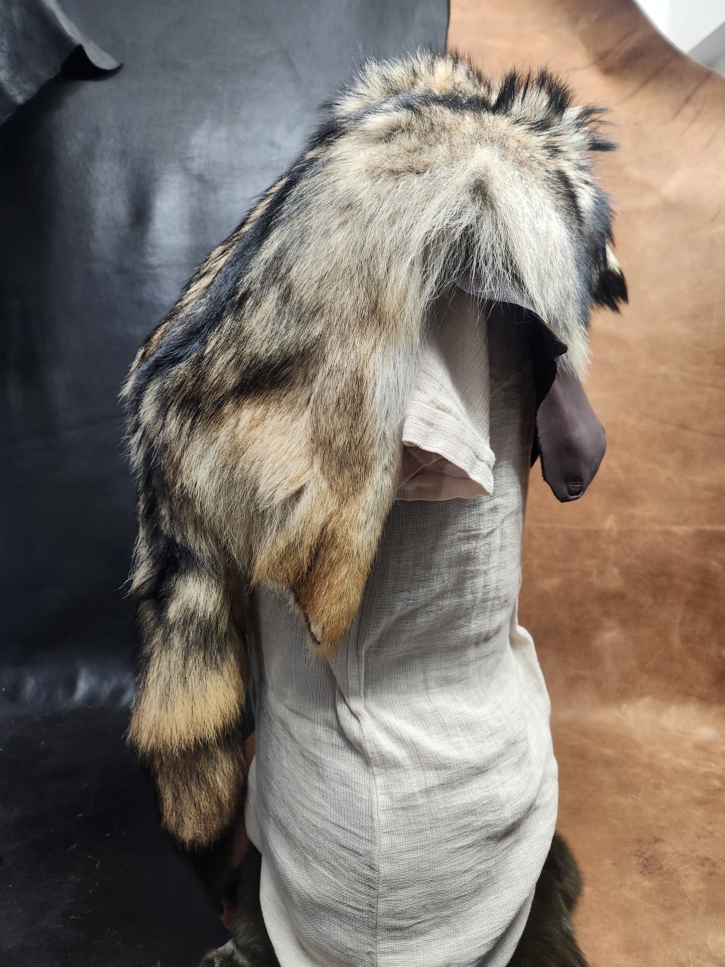 Coyote Pelt Fur Mantle with Dark Brown Deerskin