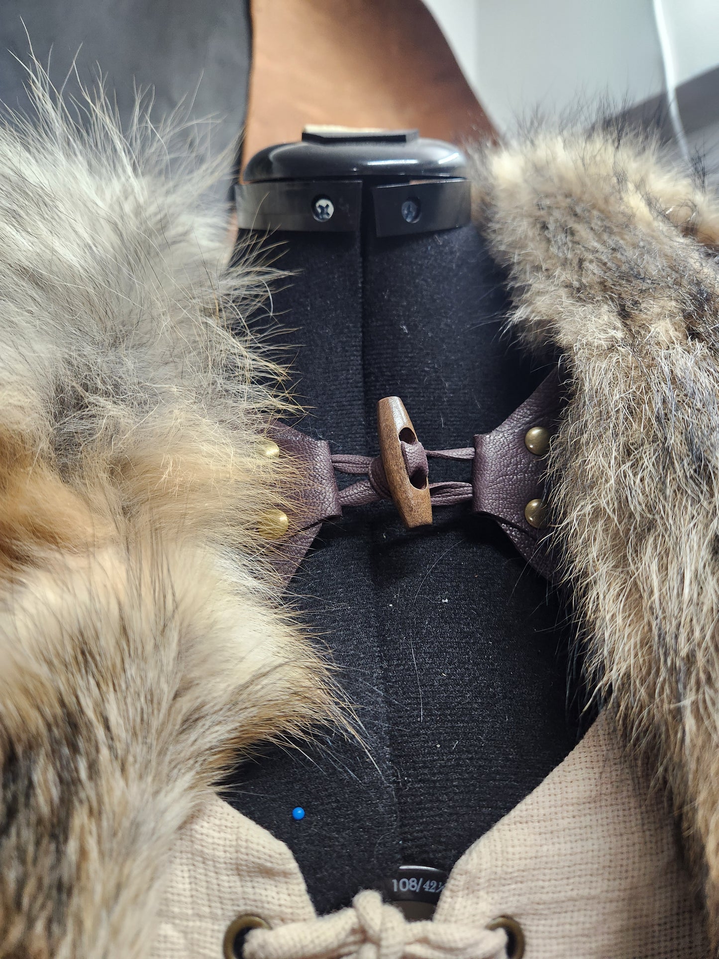 Coyote Pelt Fur Mantle with Dark Brown Deerskin