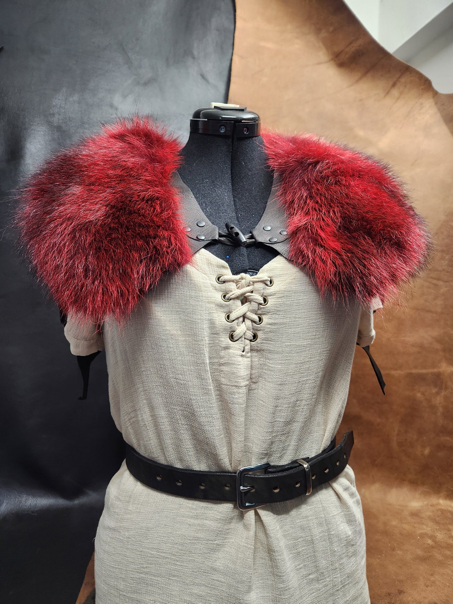 Red Dyed Raccoon Fur Mantle with Black Deerskin