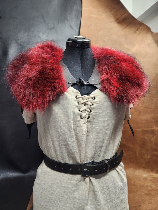 Red Dyed Raccoon Fur Mantle with Black Deerskin