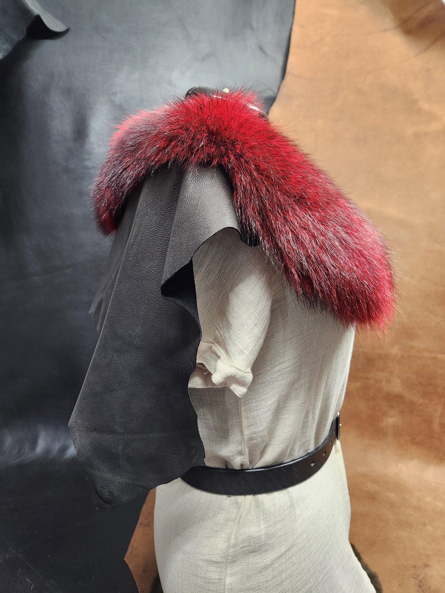 Red Dyed Raccoon Fur Mantle with Black Deerskin