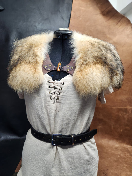Coyote Fur and Brown Deerskin Leather Mantle