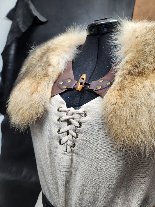 Coyote Fur and Brown Deerskin Leather Mantle