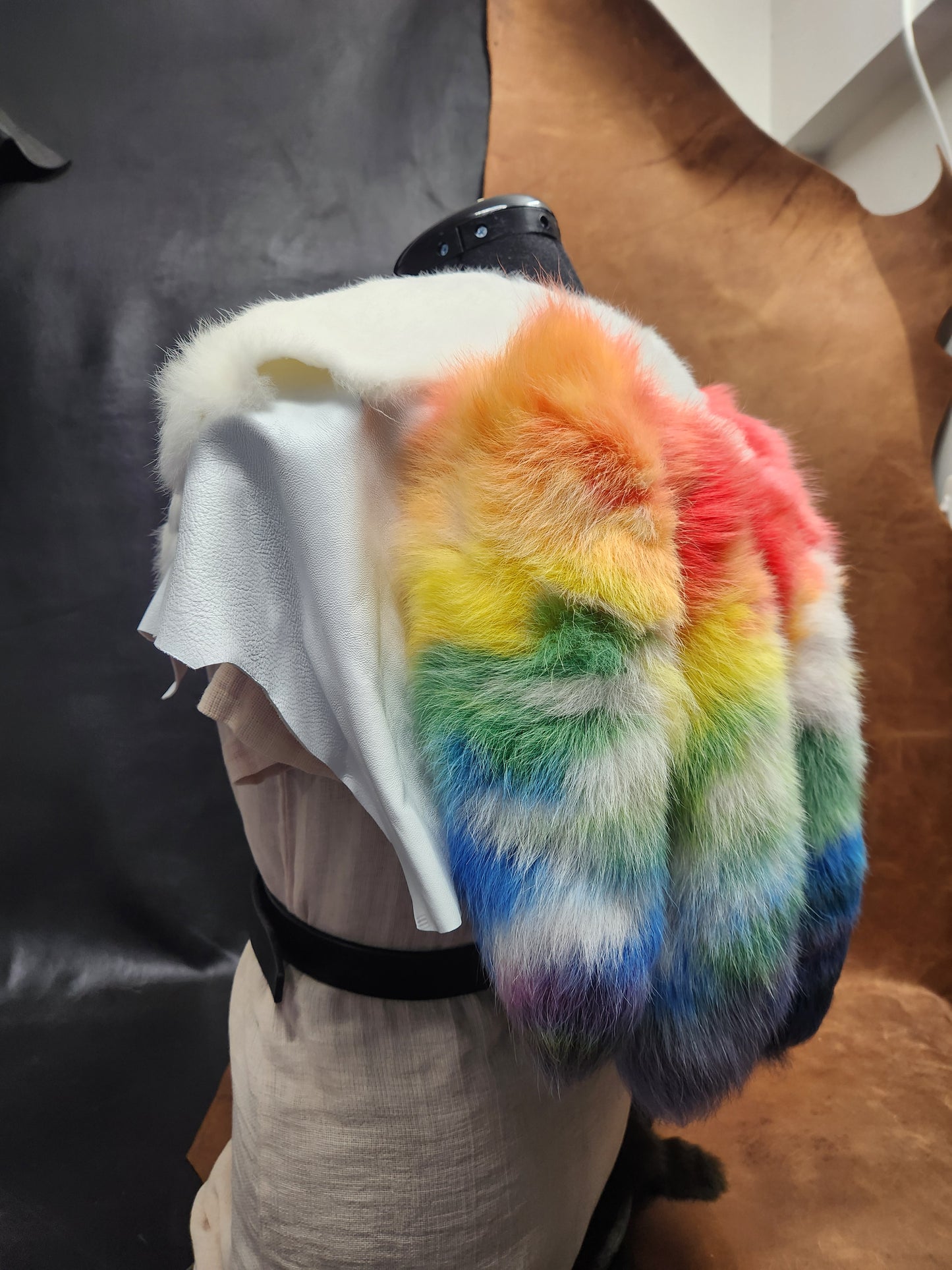 Rainbow Fox Tail, White Rabbit, and Deerskin Leather Mantle