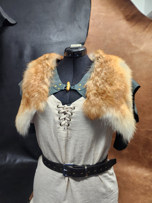 Coyote Fur and Green Deerskin Leather Mantle