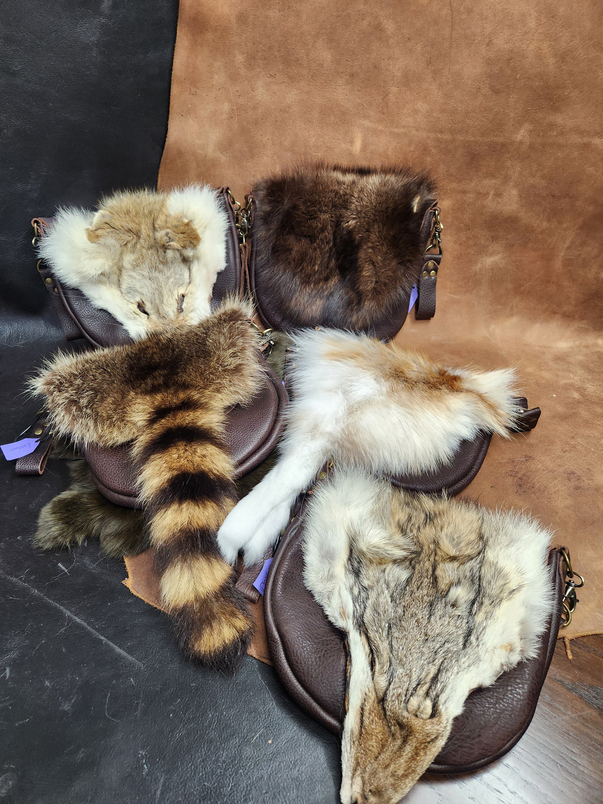 Large Leather Bags with Fur Faces, Shoulder or Belt Bag or Sporrin