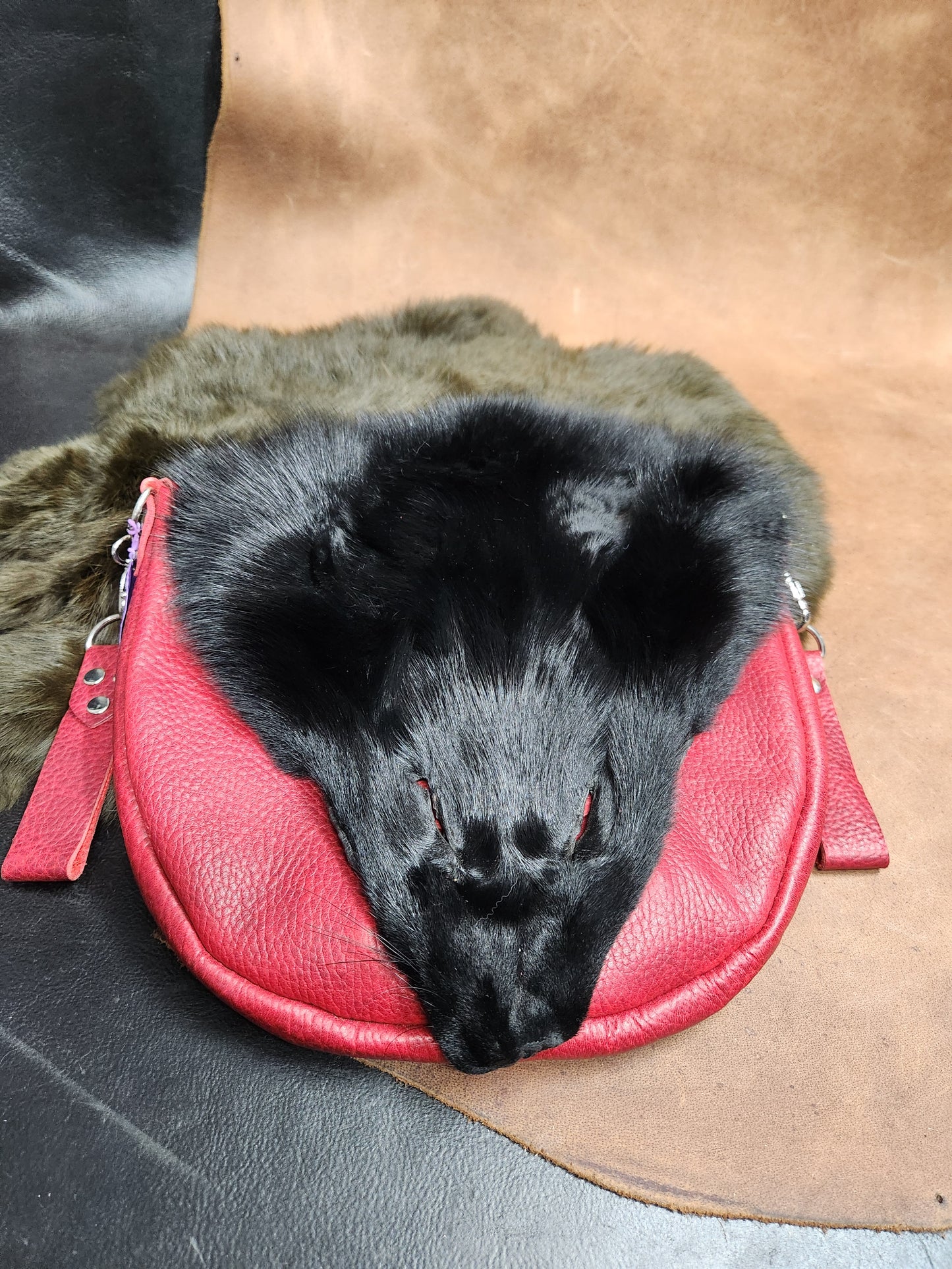 Large Colorful Leather Bags with Fur Faces, Shoulder or Belt Bag or Sporrin