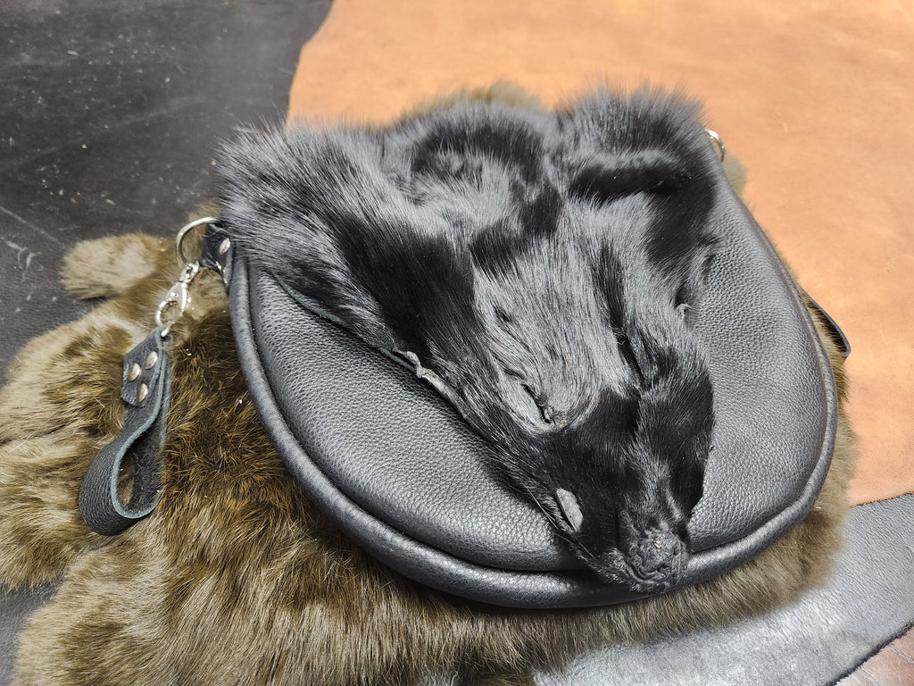 Large Leather Bags with Fur Faces, Shoulder or Belt Bag or Sporrin