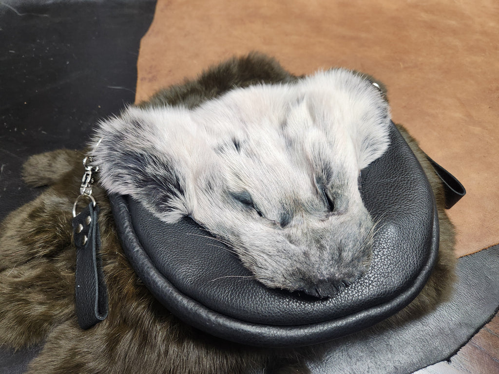 Large Leather Bags with Fur Faces, Shoulder or Belt Bag or Sporrin