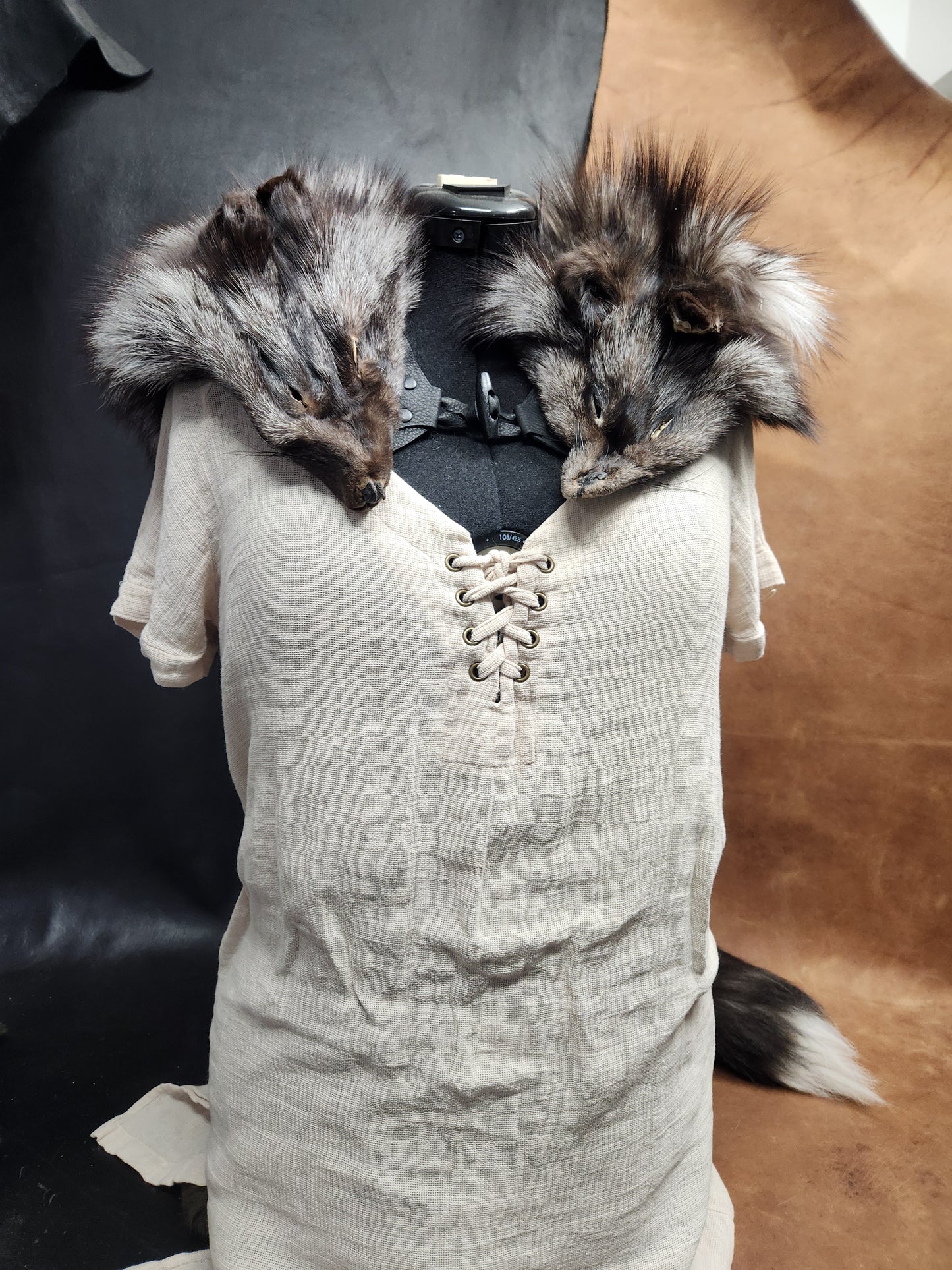 Double Silver Fox Pelt Fur Mantle with Black Deerskin