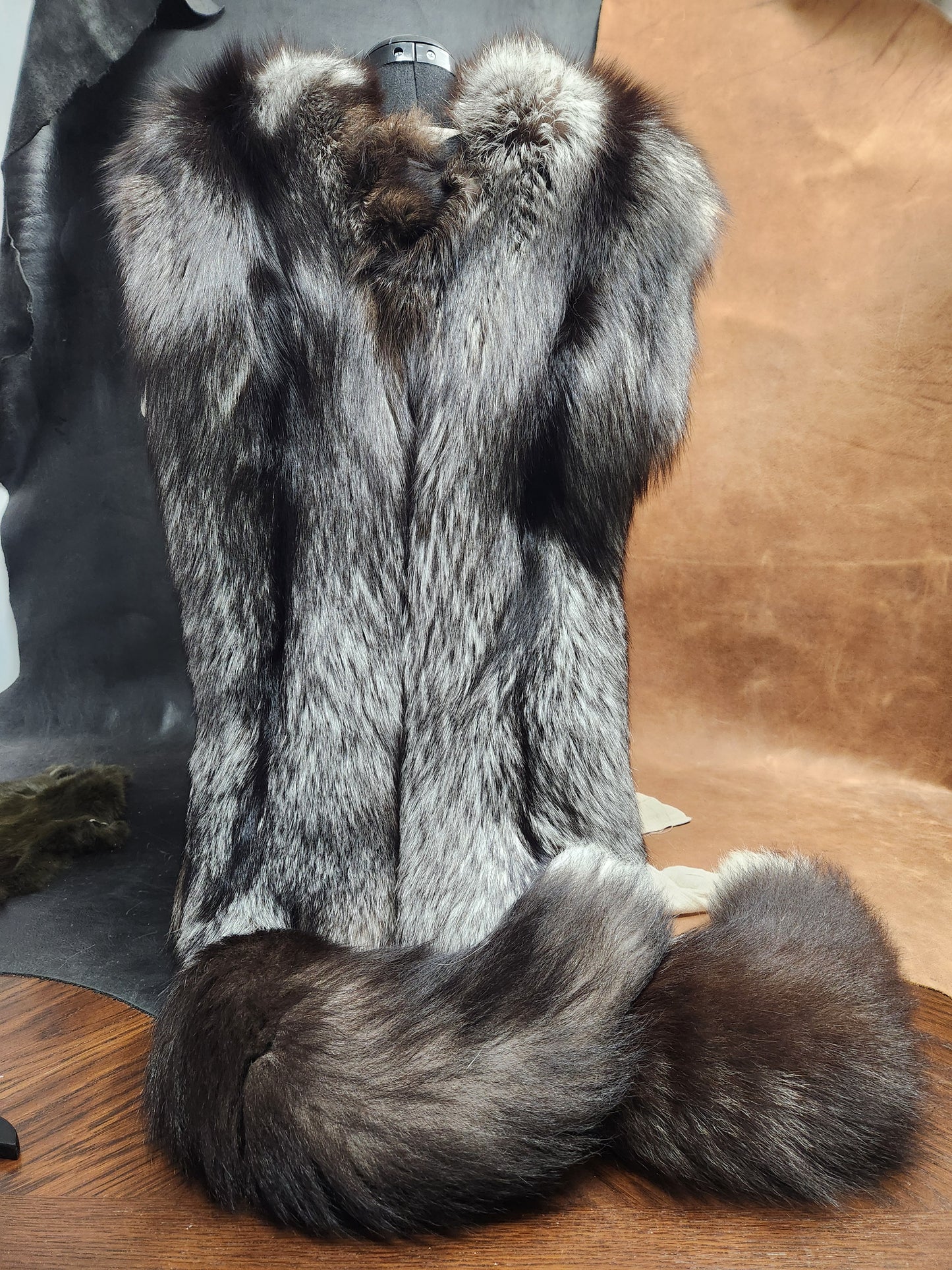 Double Silver Fox Pelt Fur Mantle with Black Deerskin