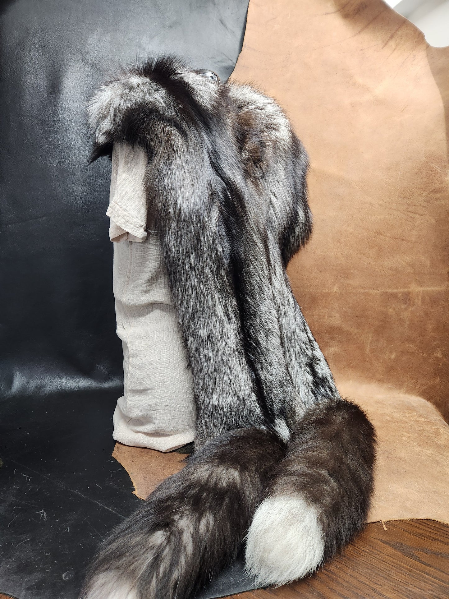 Double Silver Fox Pelt Fur Mantle with Black Deerskin