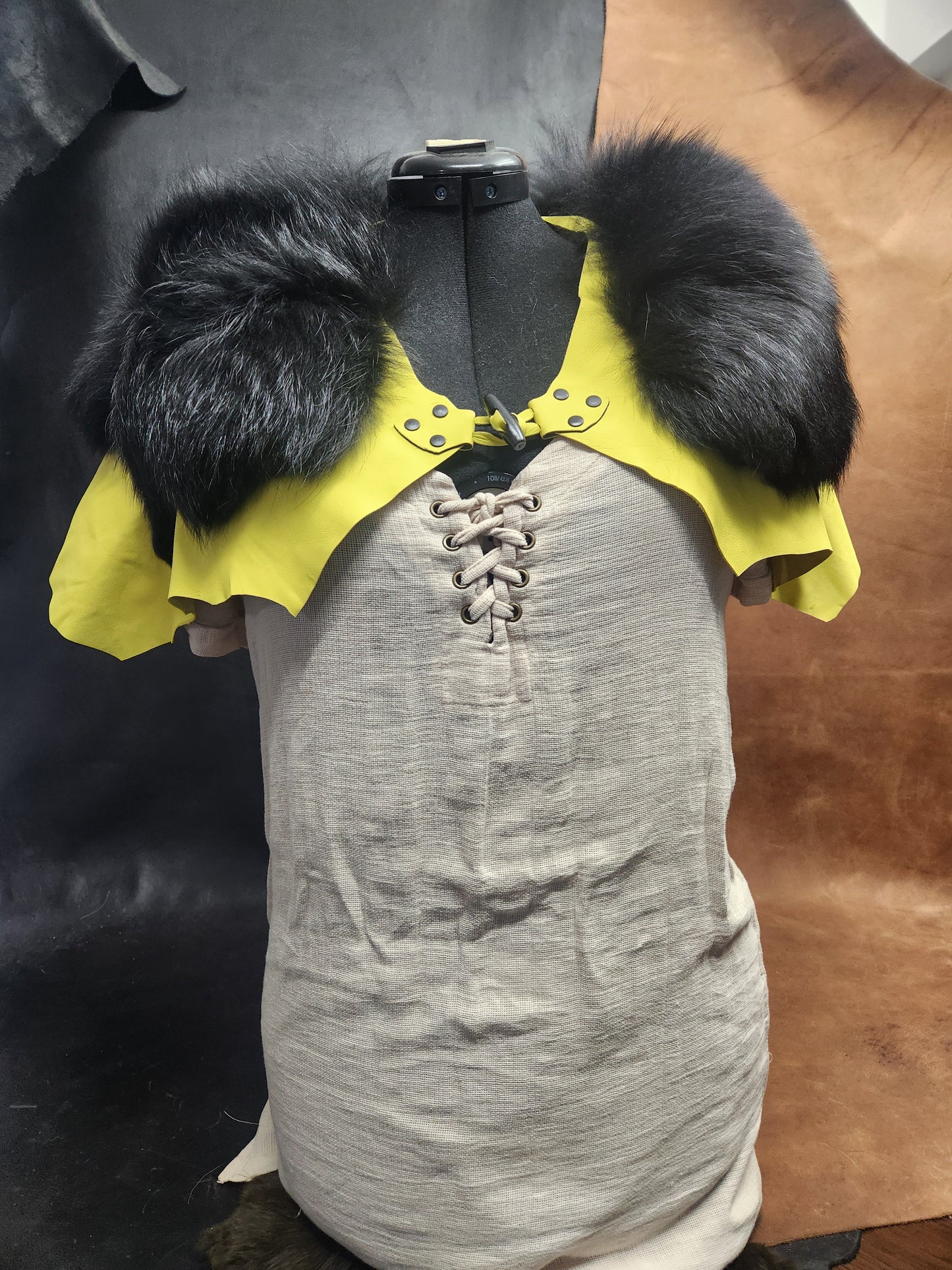 Bright Yellow Leather Mantle with Black Tanuki Fur