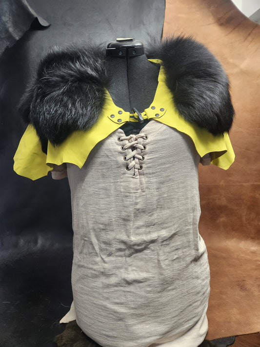 Bright Yellow Leather Mantle with Black Tanuki Fur