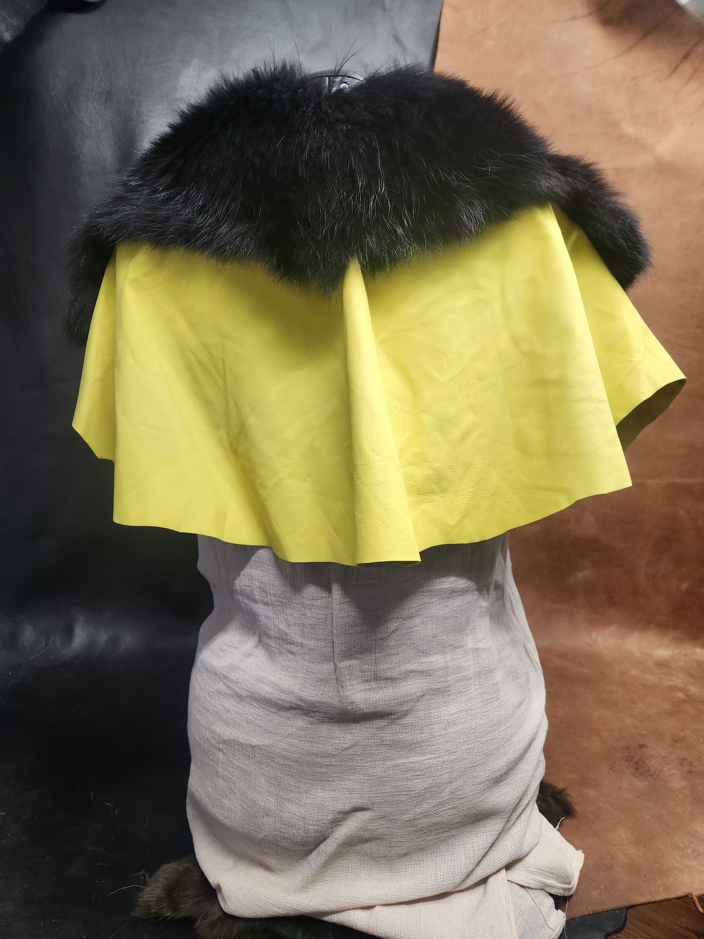 Bright Yellow Leather Mantle with Black Tanuki Fur