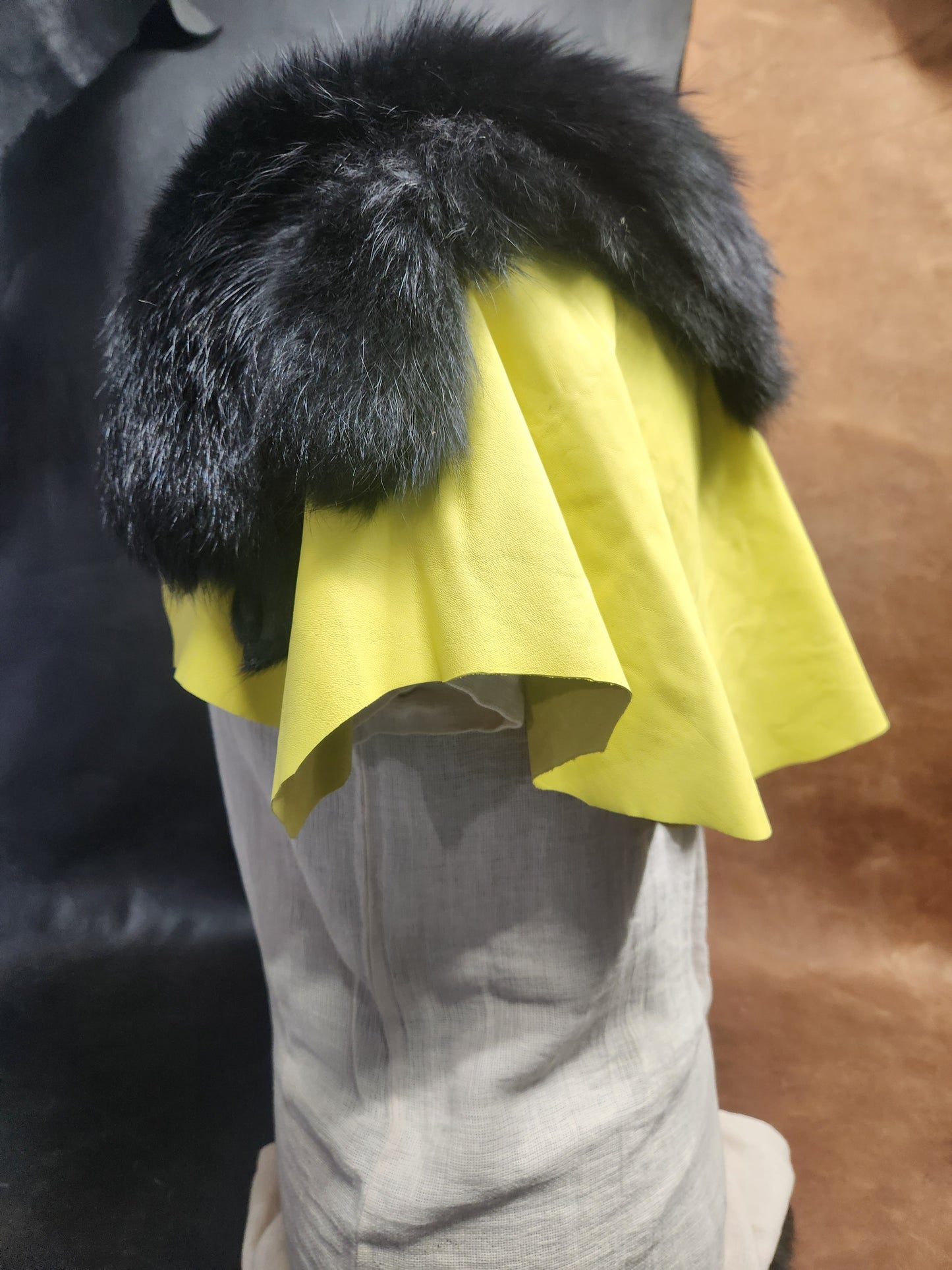 Bright Yellow Leather Mantle with Black Tanuki Fur