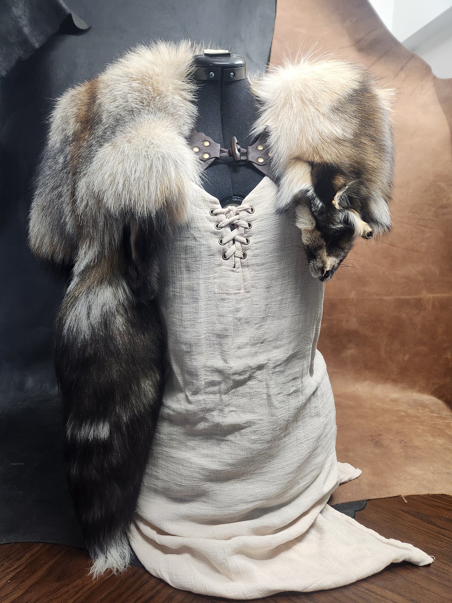 Smokey Fox Pelt Fur Mantle with Brown Deerskin