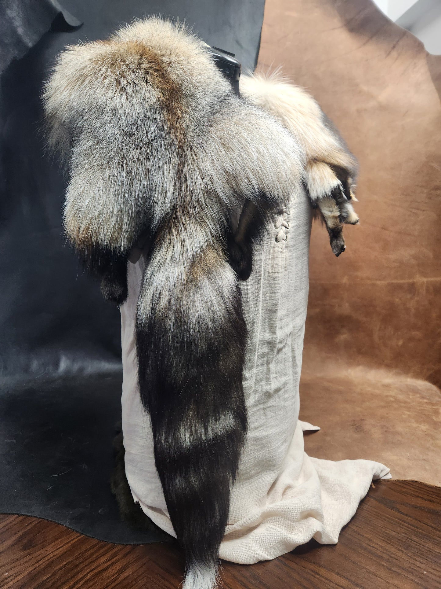Smokey Fox Pelt Fur Mantle with Brown Deerskin