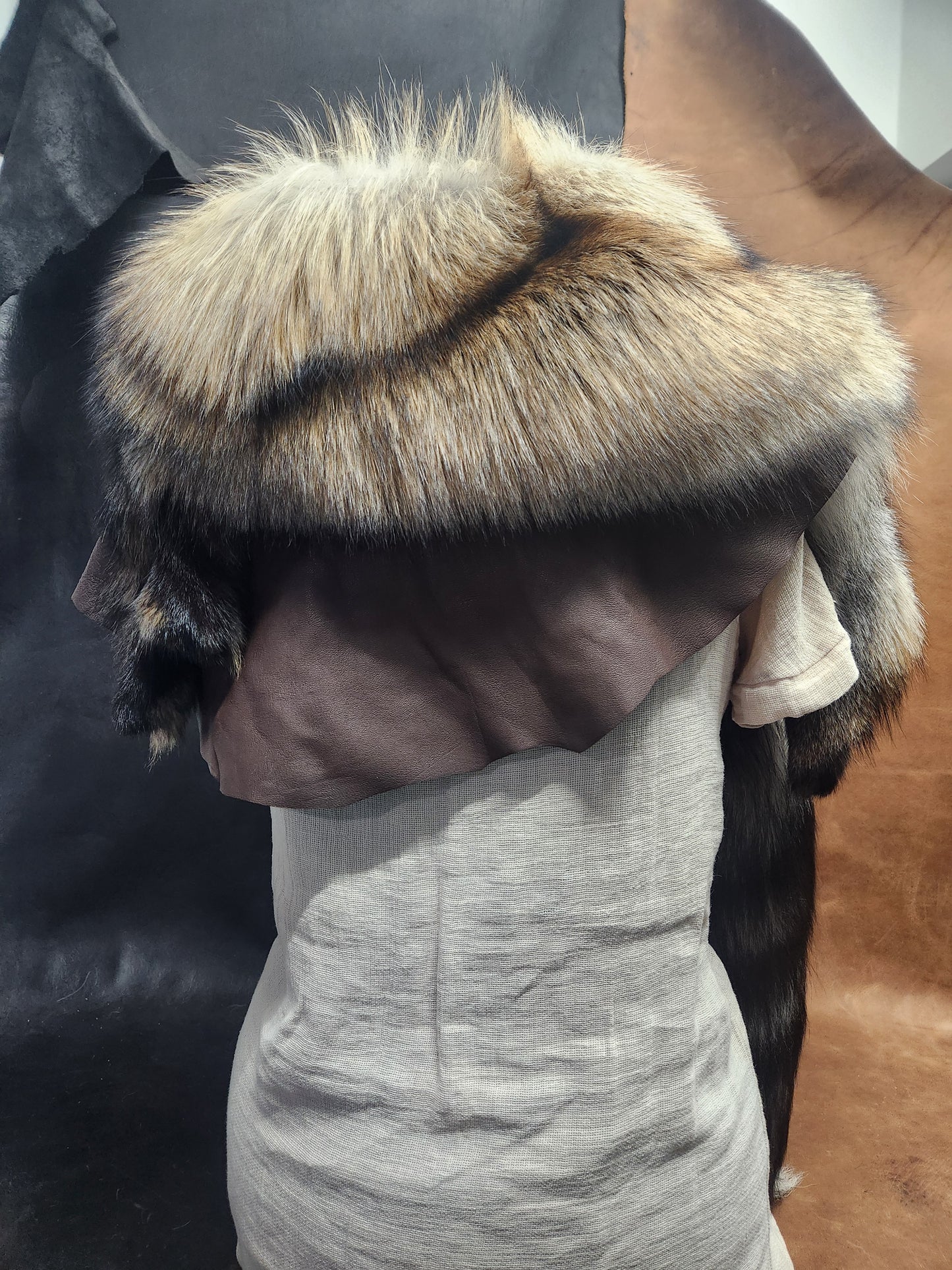 Smokey Fox Pelt Fur Mantle with Brown Deerskin
