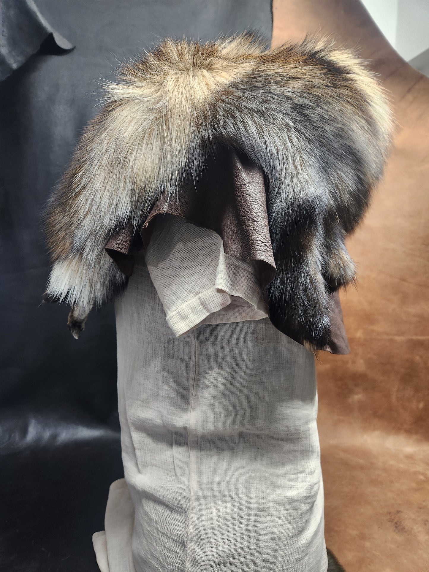 Smokey Fox Pelt Fur Mantle with Brown Deerskin