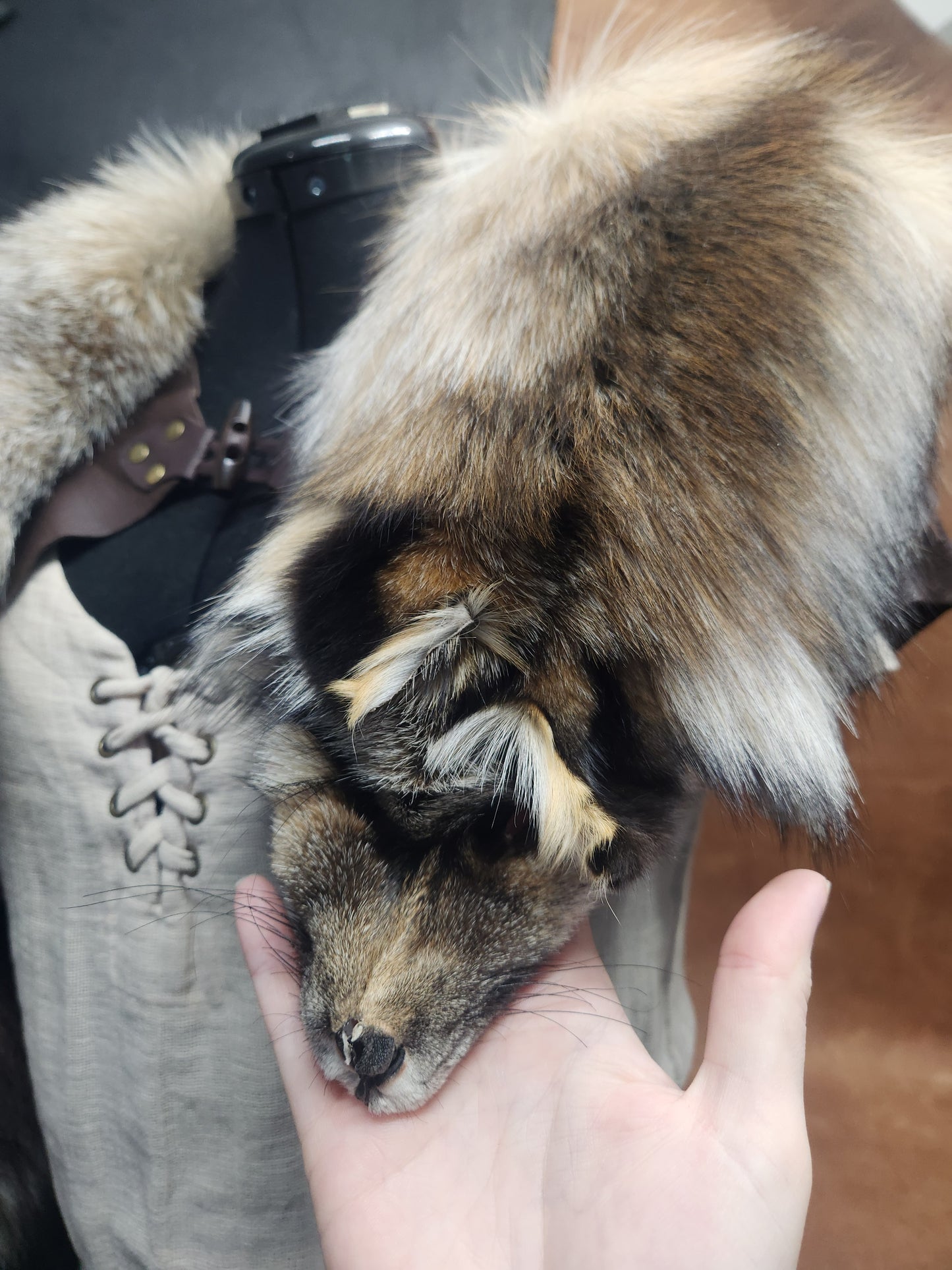 Smokey Fox Pelt Fur Mantle with Brown Deerskin