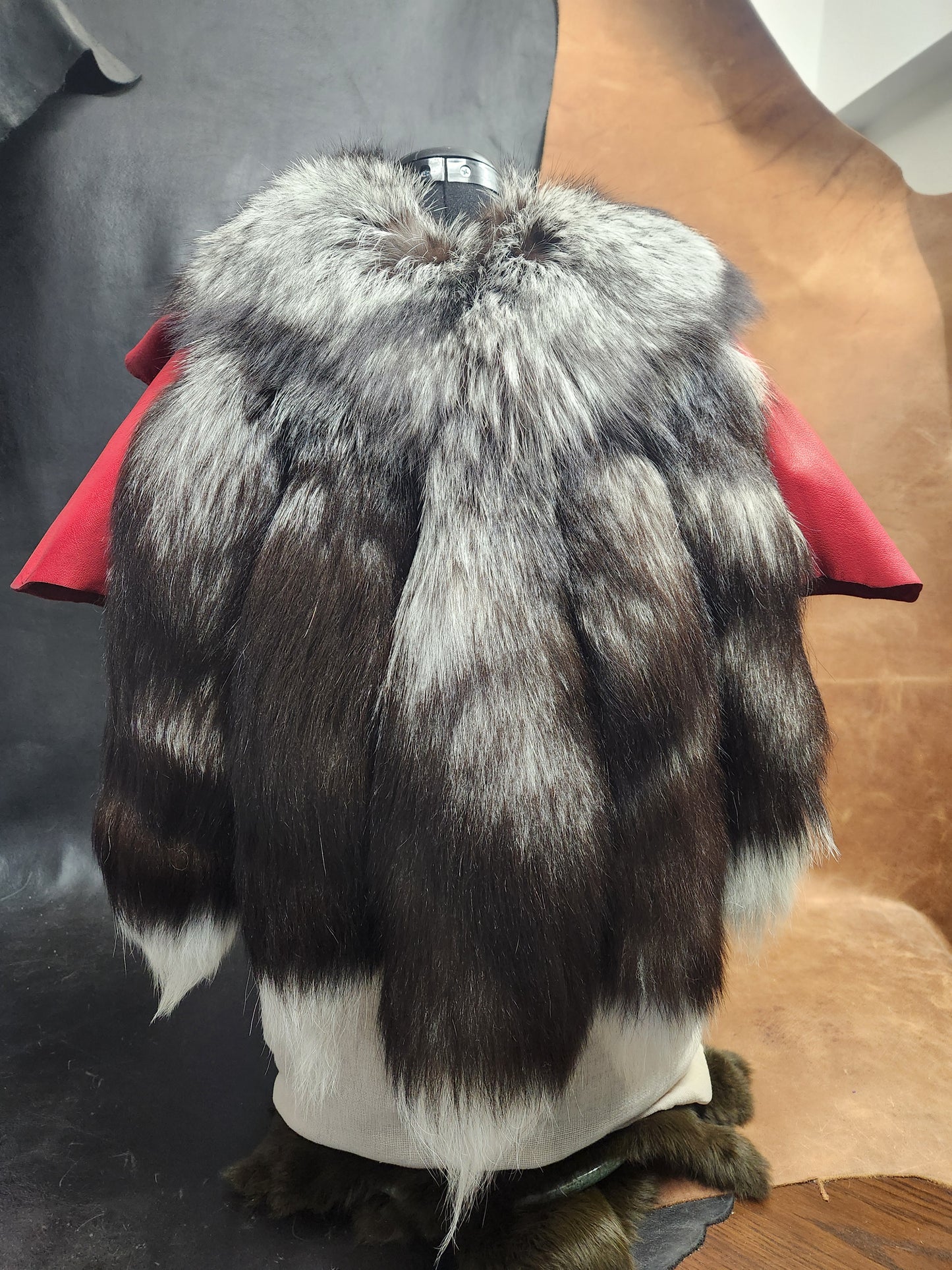 Silver Fox Tail and Red Deerskin Leather Mantle