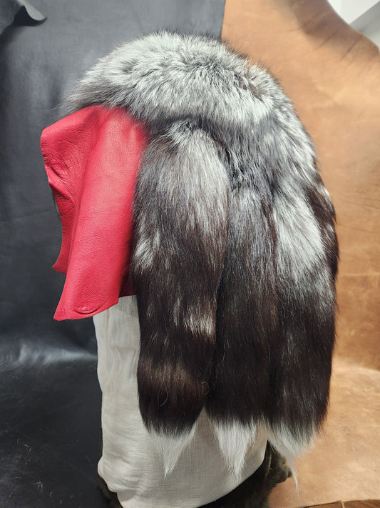 Silver Fox Tail and Red Deerskin Leather Mantle