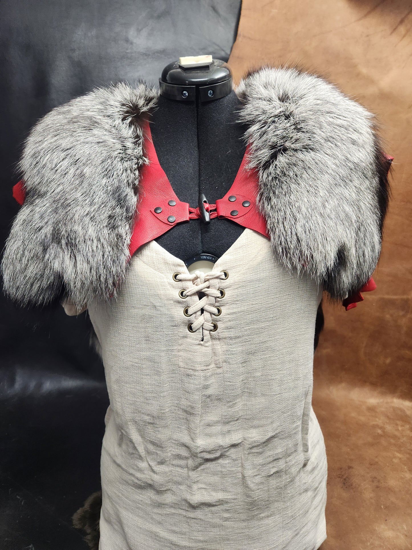 Silver Fox Tail and Red Deerskin Leather Mantle