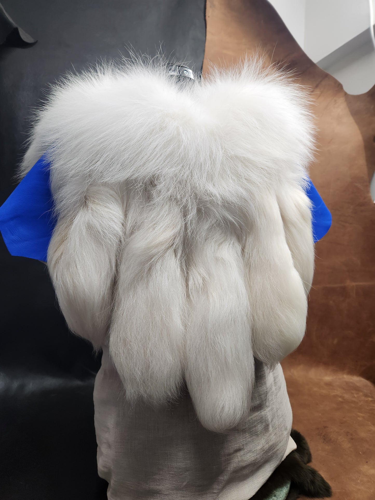 White Tanuki Tail and Blue Deerskin Leather Mantle