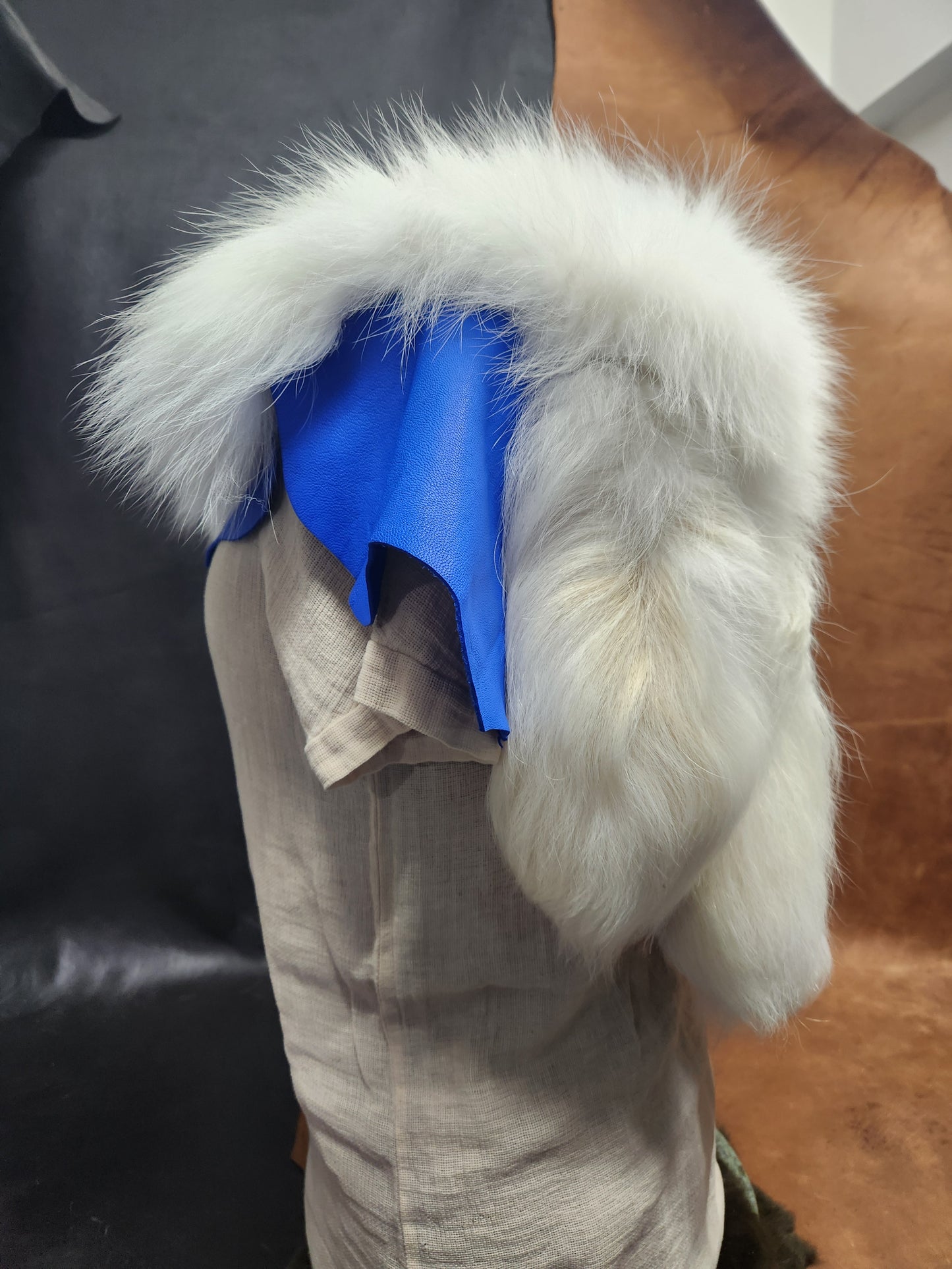 White Tanuki Tail and Blue Deerskin Leather Mantle