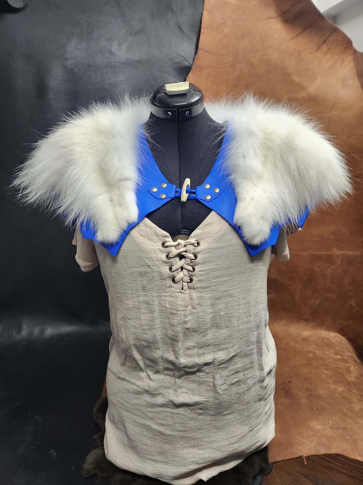 White Tanuki Tail and Blue Deerskin Leather Mantle