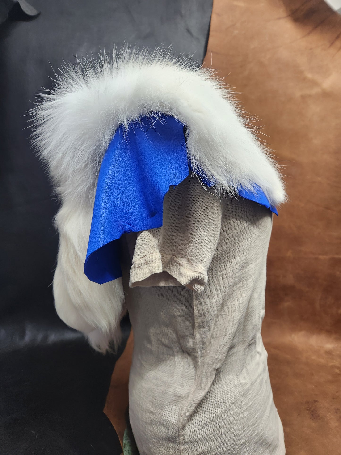 White Tanuki Tail and Blue Deerskin Leather Mantle
