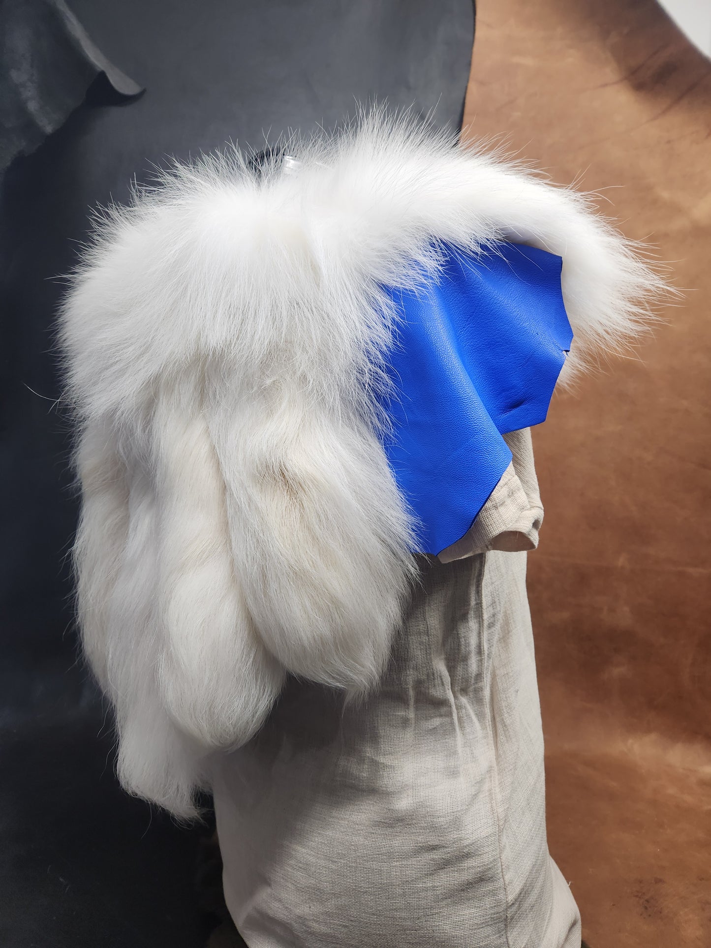 White Tanuki Tail and Blue Deerskin Leather Mantle
