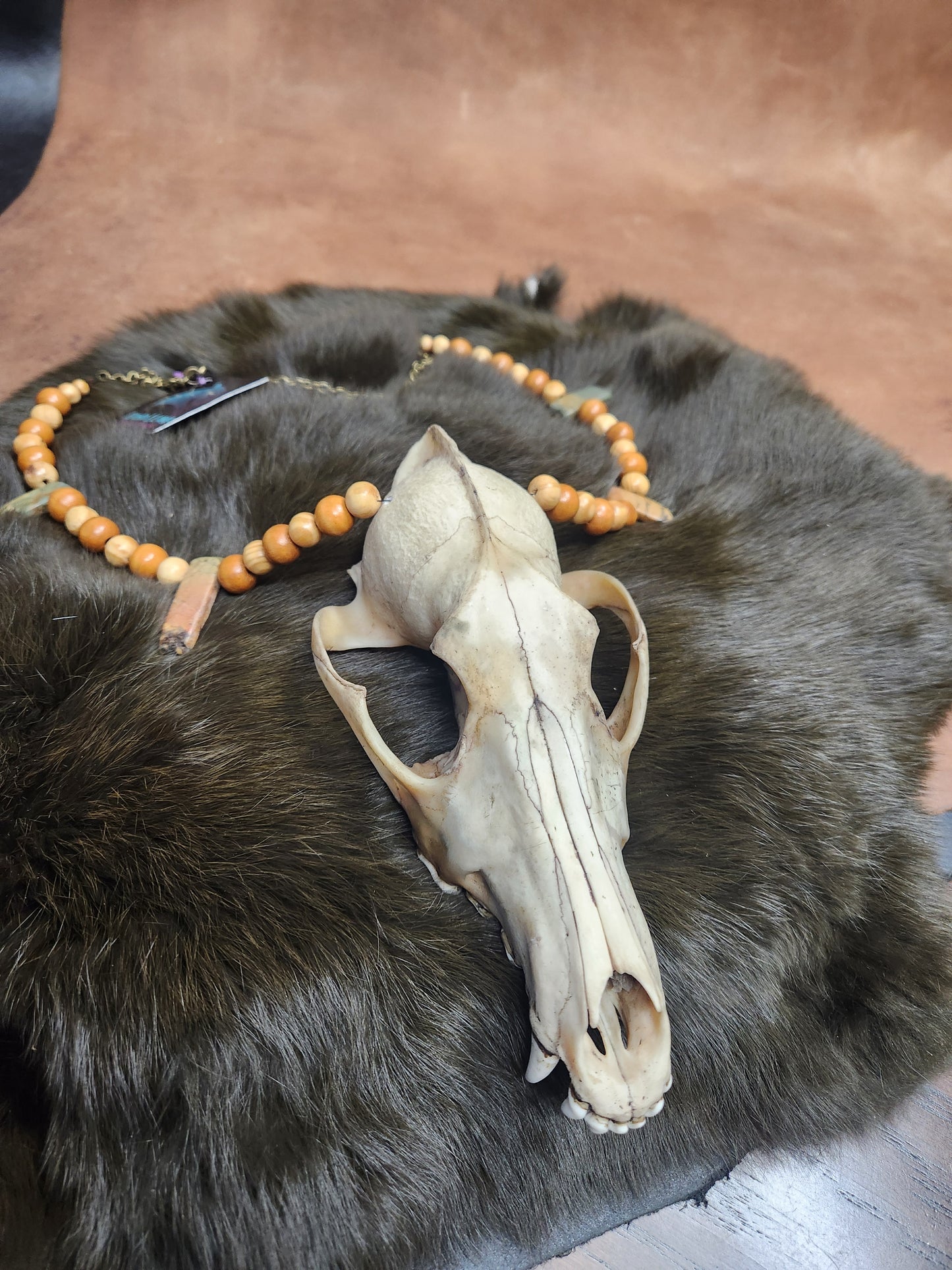 Coyote Skull, Stone and Wood Bead Necklace