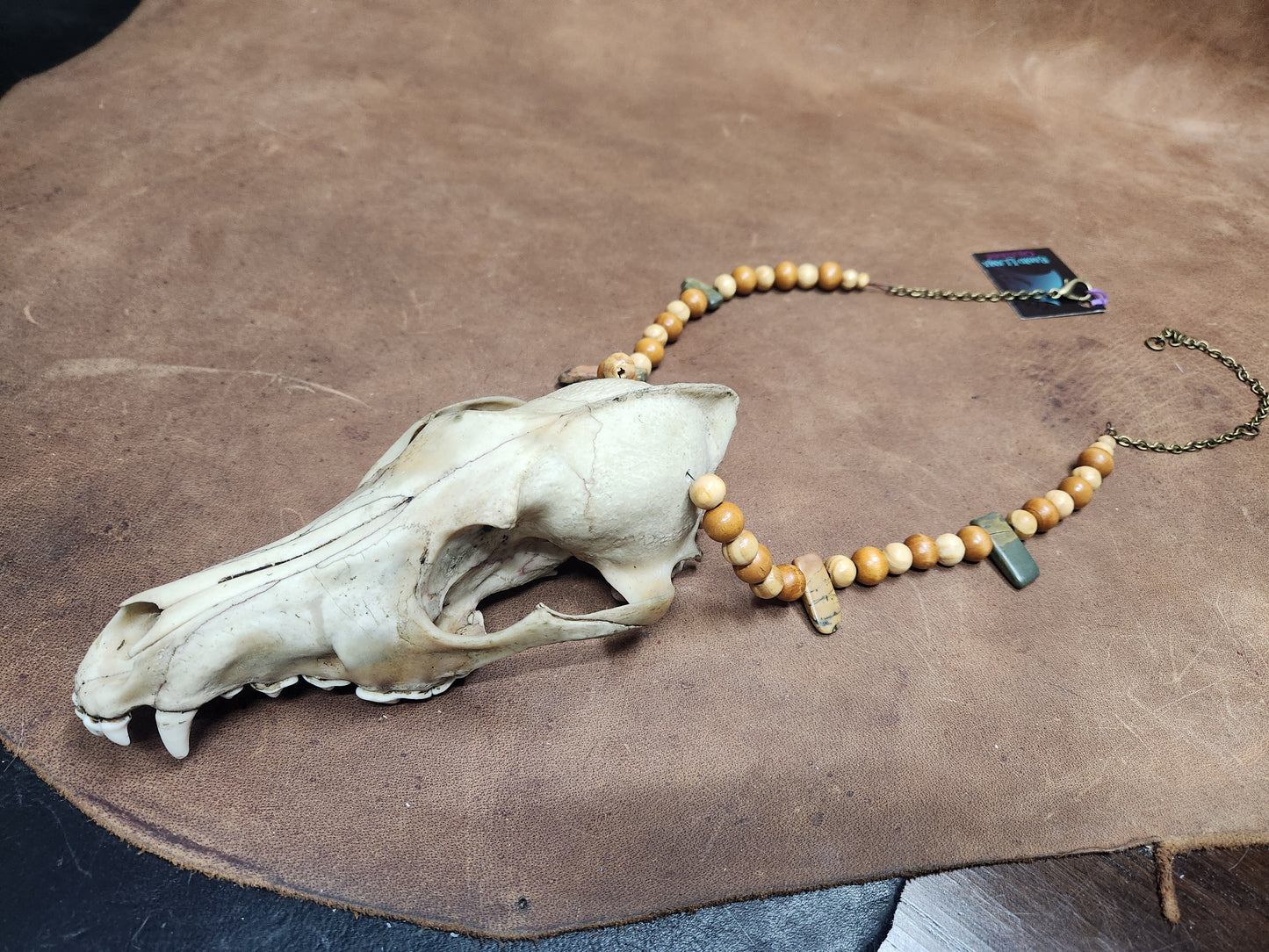 Coyote Skull, Stone and Wood Bead Necklace