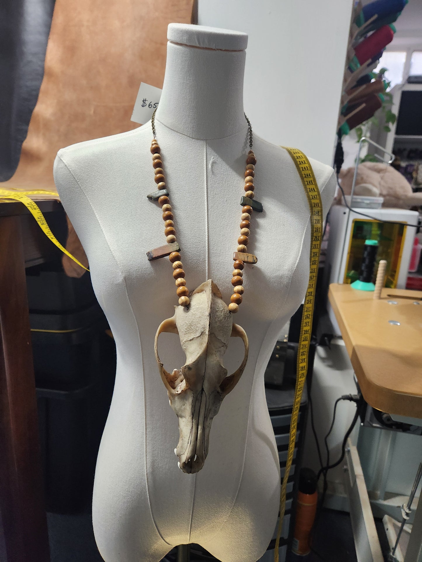 Coyote Skull, Stone and Wood Bead Necklace