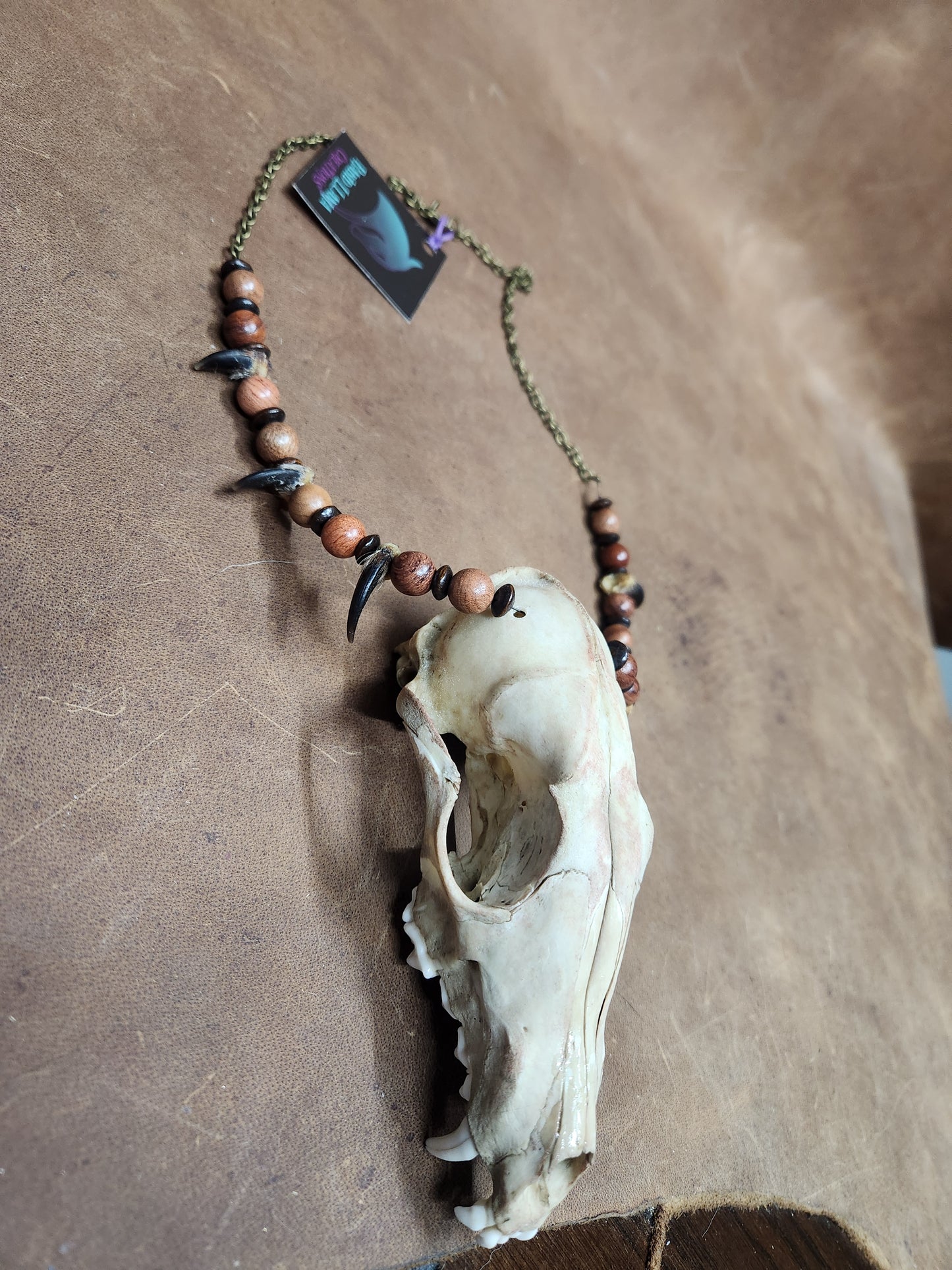 Fox Skull and Coyote Claw with Wooden Beads Necklace