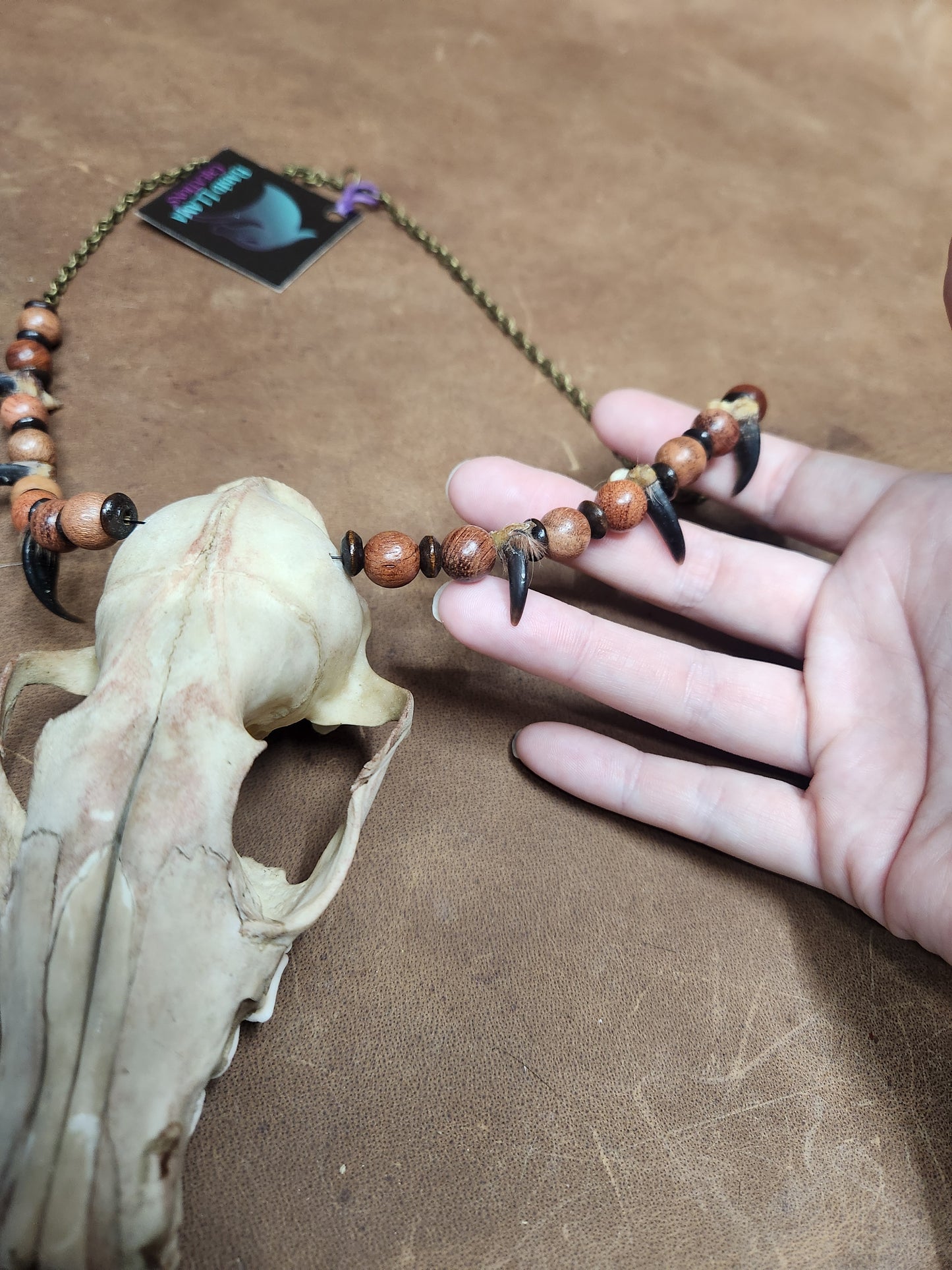 Fox Skull and Coyote Claw with Wooden Beads Necklace