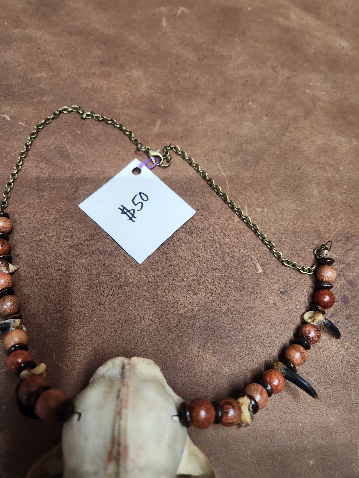 Fox Skull and Coyote Claw with Wooden Beads Necklace