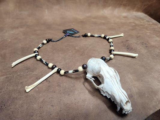 Fox Skull Necklace with wooden beads and coyote foot bones