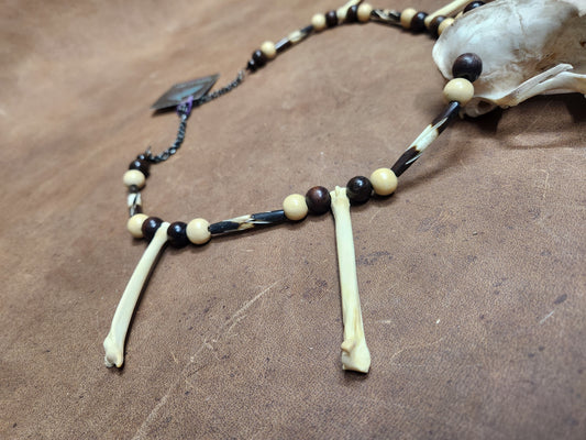 Fox Skull Necklace with wooden beads and coyote foot bones