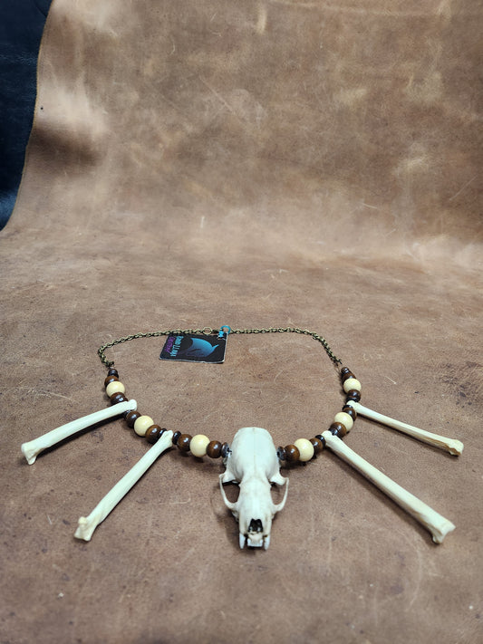 Mink skull, Coyote Foot Bone, and Wooden Bead Necklace