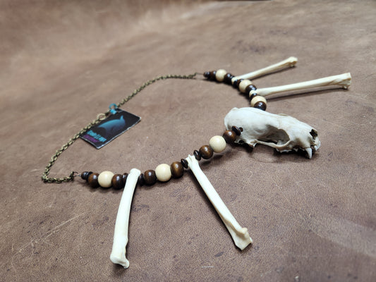 Mink skull, Coyote Foot Bone, and Wooden Bead Necklace