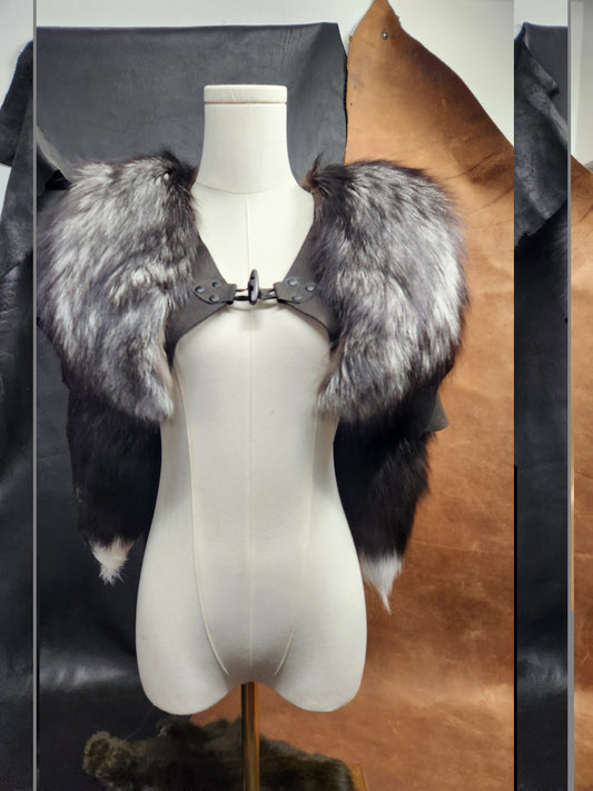 Silver Fox Tail and Black Deerskin Leather Mantle
